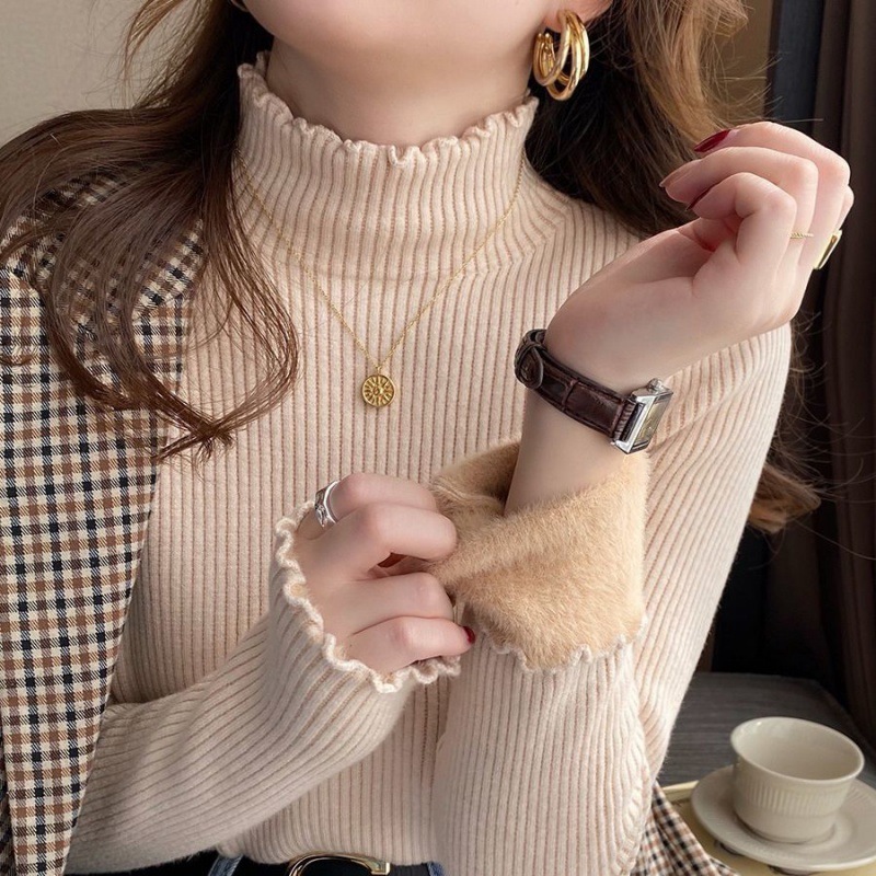 Sweater women's winter half turtleneck lazy style knitted bottoming sweater with warm inner layer and thick one-piece velvet top