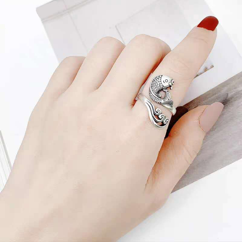 Thai silver retro spray koi fish ring open animal ring fish ring ethnic style hand jewelry