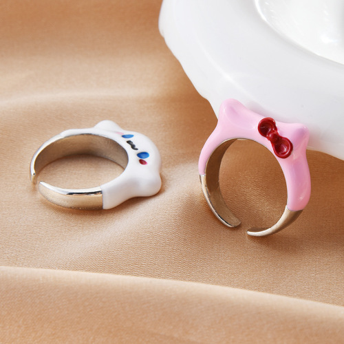 New big-eared dog and kitten, ever-changing monster opening, adjustable monster ring with bow, cute cartoon expression ring