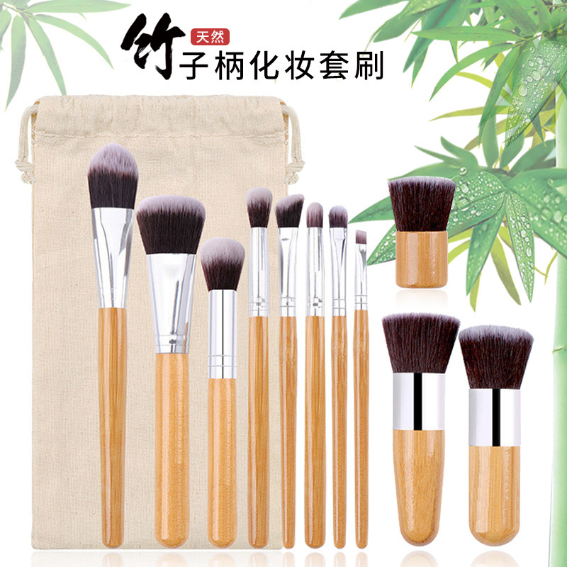 11 bamboo handle makeup brush set linen canvas bag loose powder beauty brush