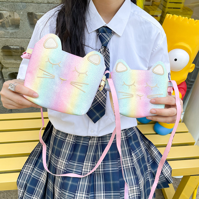 Cross-border foreign trade new European and American fashion funny personality rainbow colorful cute embroidered cat girl trendy crossbody bag