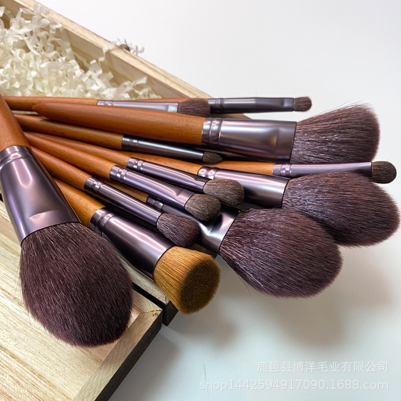 Beech wood 15-piece fine gloss wool animal hair set brush fan-shaped highlight brush eye shadow Cangzhou makeup brush set brush bag