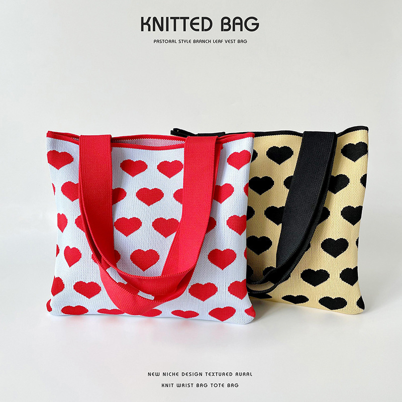 Bag Contrast Color Love Knitted Shoulder Bag Handbag Student Versatile Commuting Large Capacity Canvas Bag
