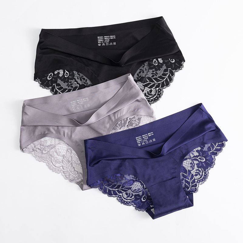 Sexy lace panties for women, ice silk seamless mid-waist transparent autumn and winter pure cotton crotch women's briefs
