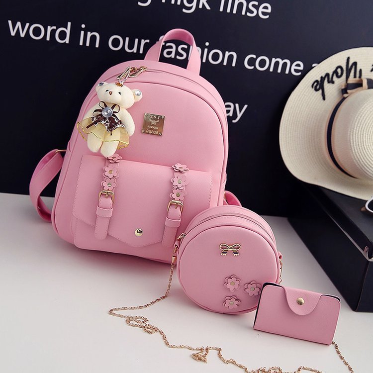 New Korean style flower belt PU three-piece backpack multi-purpose backpack student school bag casual versatile women's bag