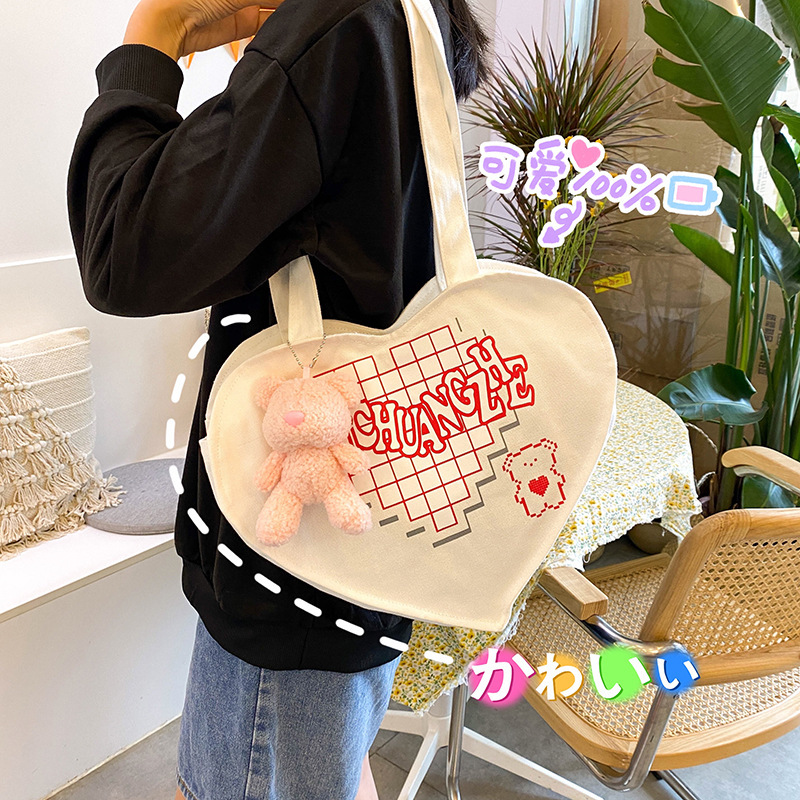 Japanese college style sweet lady contrasting letters love soft girl student canvas shoulder bag cute crossbody bag for women