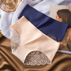 Ice silk underwear for women, mid-low waist, comfortable, soft and breathable, high-end ice silk splicing lace sexy underwear for women