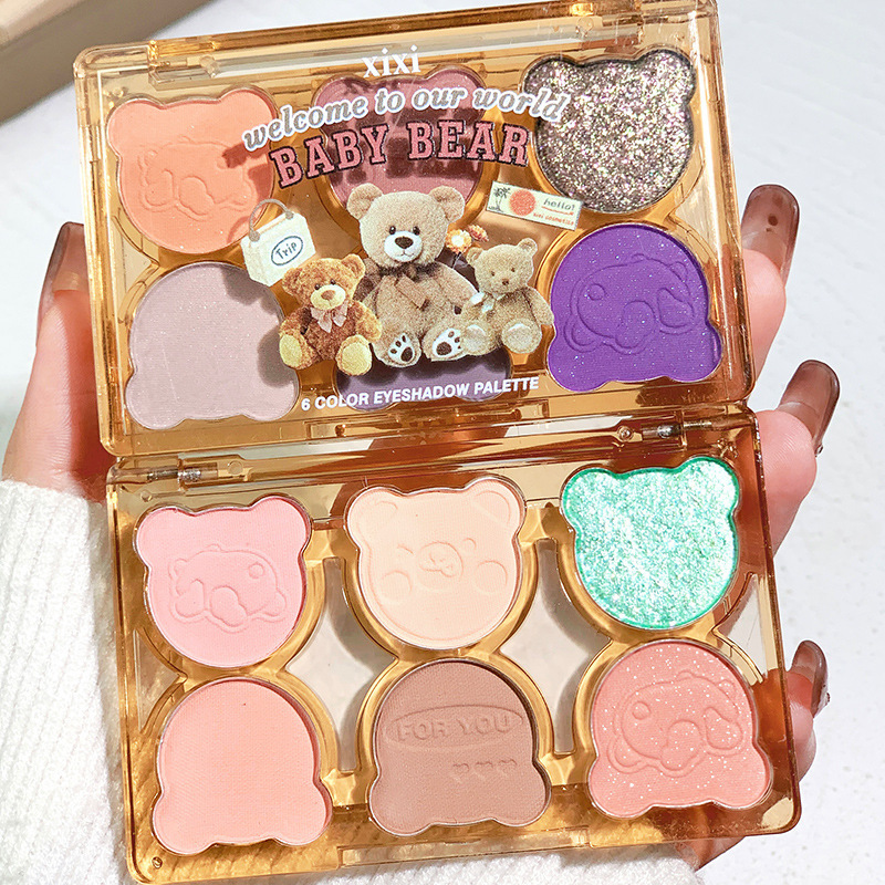 Makeup xixi working bear six-color eye shadow cool broken diamond pink purple blue contrasting color y2k imitation makeup smoky cut-off eye makeup
