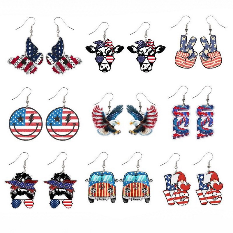 Amazon American Independence Day Earrings Flag Butterfly Cow Finger Smiley Eagle Pendant Ornament Love Earrings
