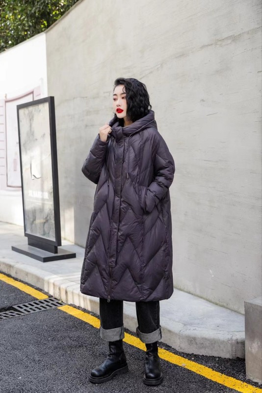 Down jacket women's mid-length new style white duck down retro thickened over-the-knee hooded large size winter warm jacket