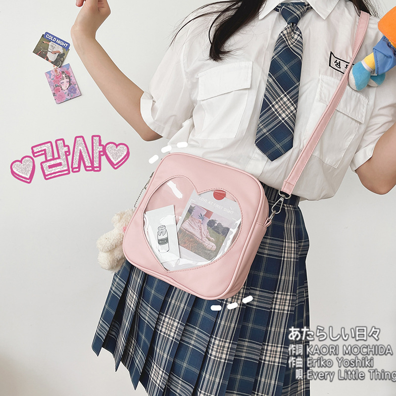 Japanese college style fresh and cute soft girl student transparent love pu crossbody bag funny personality shoulder bag for women