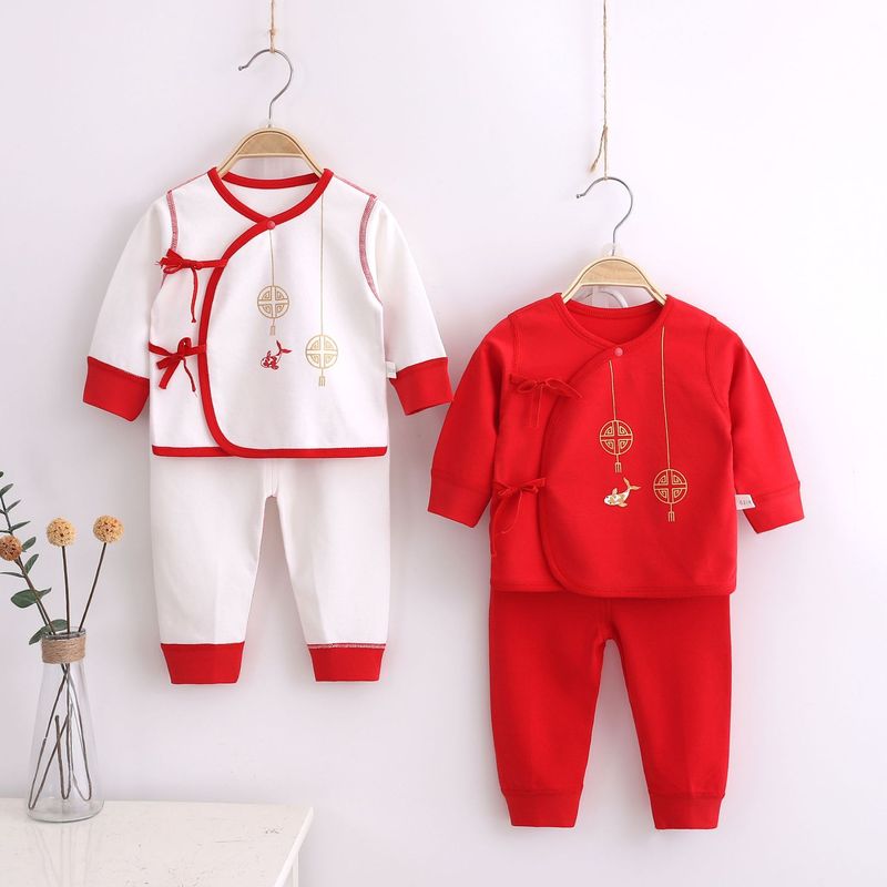 New baby full moon red underwear set cotton new year clothes festive newborn infants and young children can open the crotch lace-up monk suit