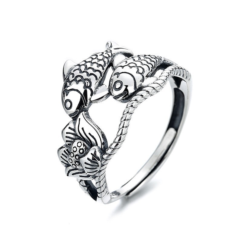Vintage plain silver copper coin with a surplus every year, koi fish lotus ring, Thai silver koi heart meridian open ring