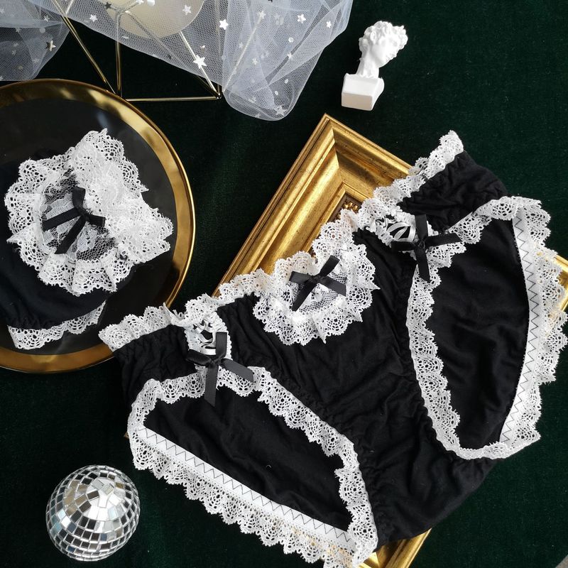 Japanese modal underwear black and white fat girl lace modal mid-waist underwear cotton cute