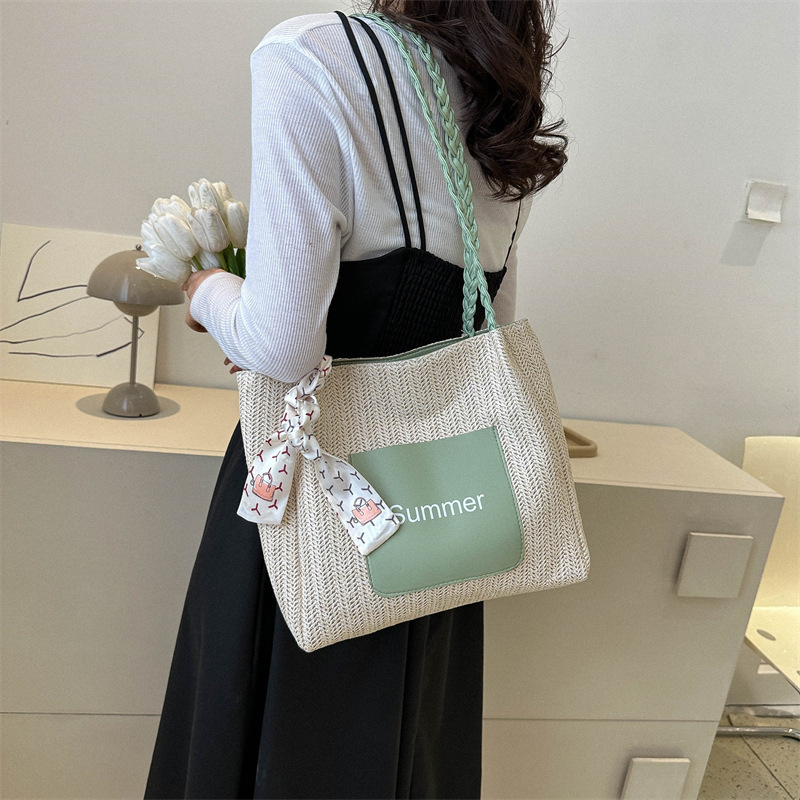 Large-capacity woven splicing commuter tote bag casual large bag women's new college student shoulder bag