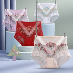 Sexy lace high-waisted hollow hip lifting briefs for women, embroidered transparent thin comfortable cotton crotch briefs for women