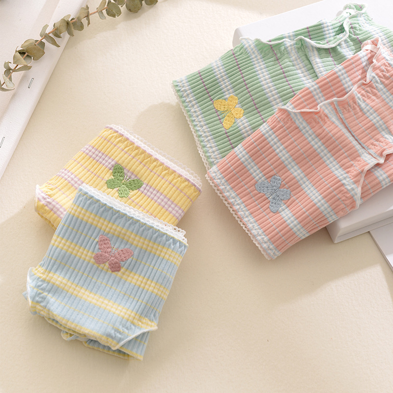 Fresh contrasting stripes, ear-rimmed butterfly embroidered girls' underwear, breathable hip-covering mid-waist briefs