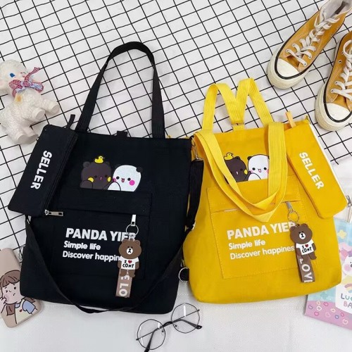 One-shoulder canvas bag cartoon bear two-piece set student double-back canvas bag crossbody large capacity tote bag