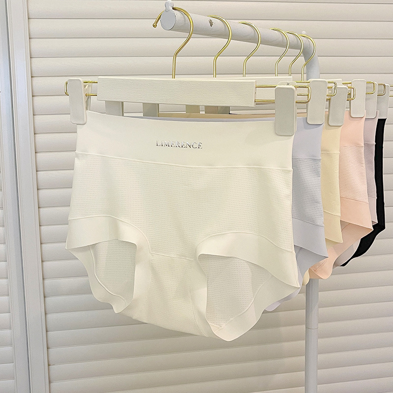 Summer high-waisted belly-controlling ice silk breathable hole full-coverage underwear for women without trace solid color simple hip-covering briefs