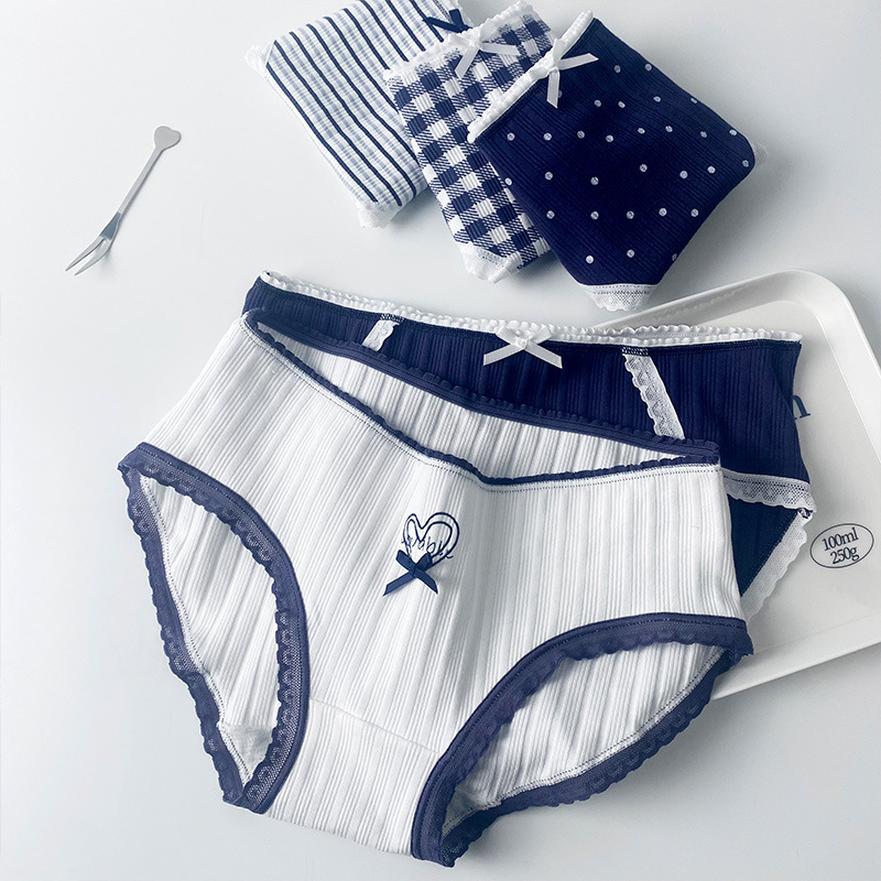 Blue pure lust cotton underwear women's Japanese lucky navy mid-waist cotton crotch student party triangle shorts large size