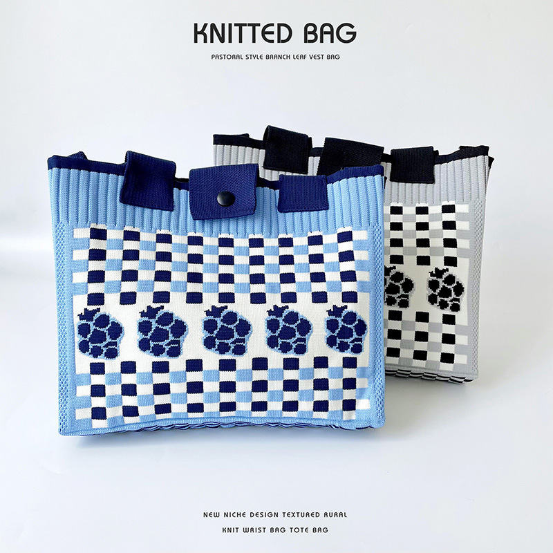 Niche design checkerboard pattern small flower knitted shoulder bag handbag large capacity tote bag