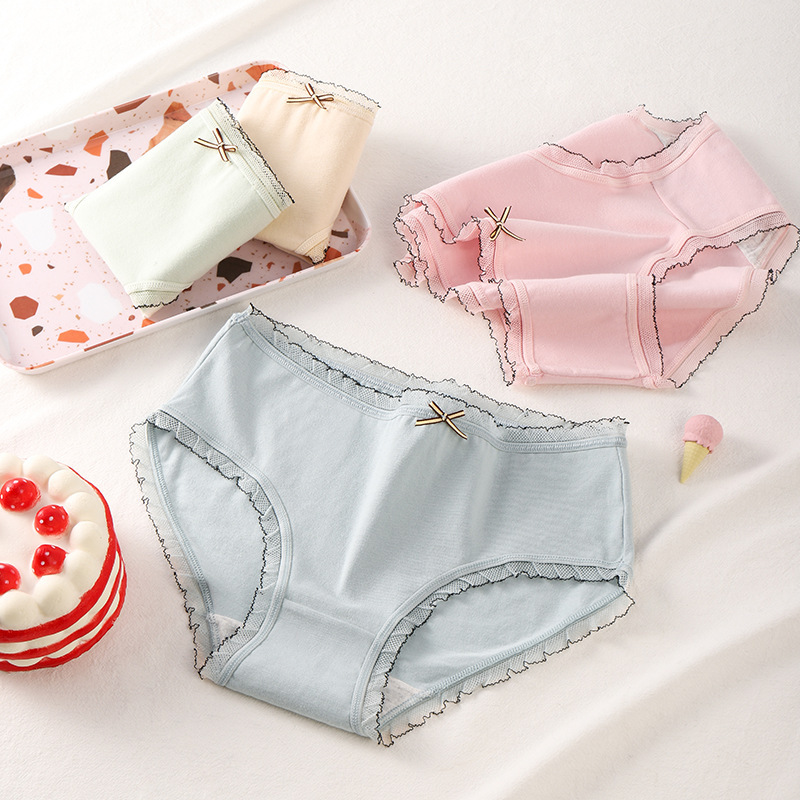 Pure cotton women's underwear, mid-waist, color-blocked lace, 100% cotton bottom, girls' panties, triangle shorts, breathable