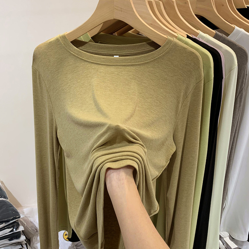 New long-sleeved T-shirt for women in spring and autumn, loose and versatile solid color round neck bottoming shirt with elastic thin top