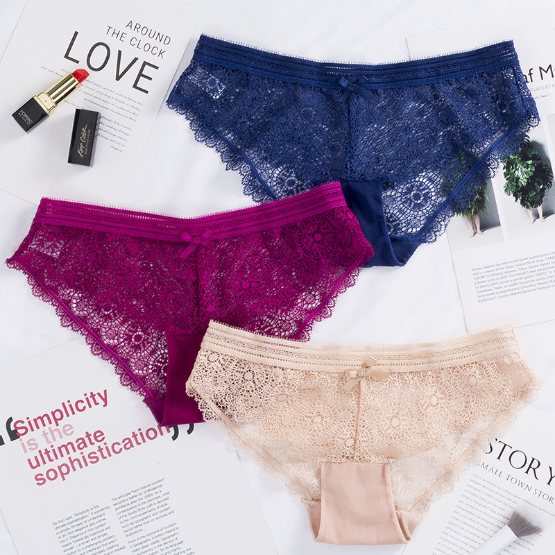 Sexy lace underwear for women, low-waist, seamless, sexy, hollow, pure cotton crotch briefs for women