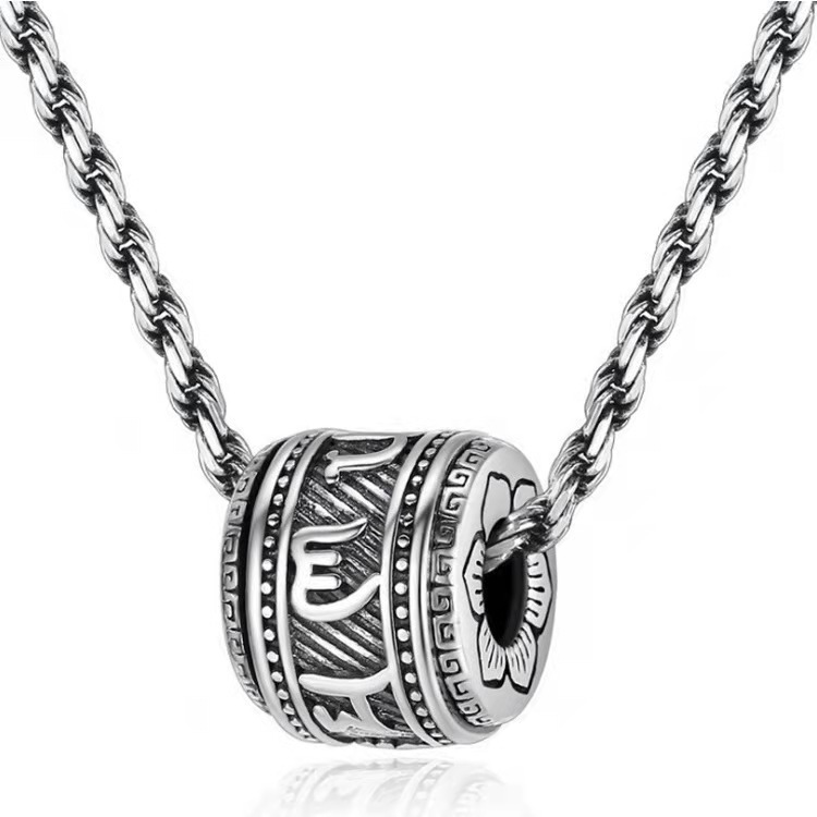 Thai silver rotating bead pendant with six characters, mantra necklace, retro plain silver jewelry, couple, man, birthday gift for girl