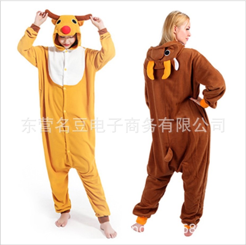 Polar fleece Christmas deer animal cartoon one-piece pajamas long-sleeved couple pajamas autumn and winter foreign trade performance Christmas