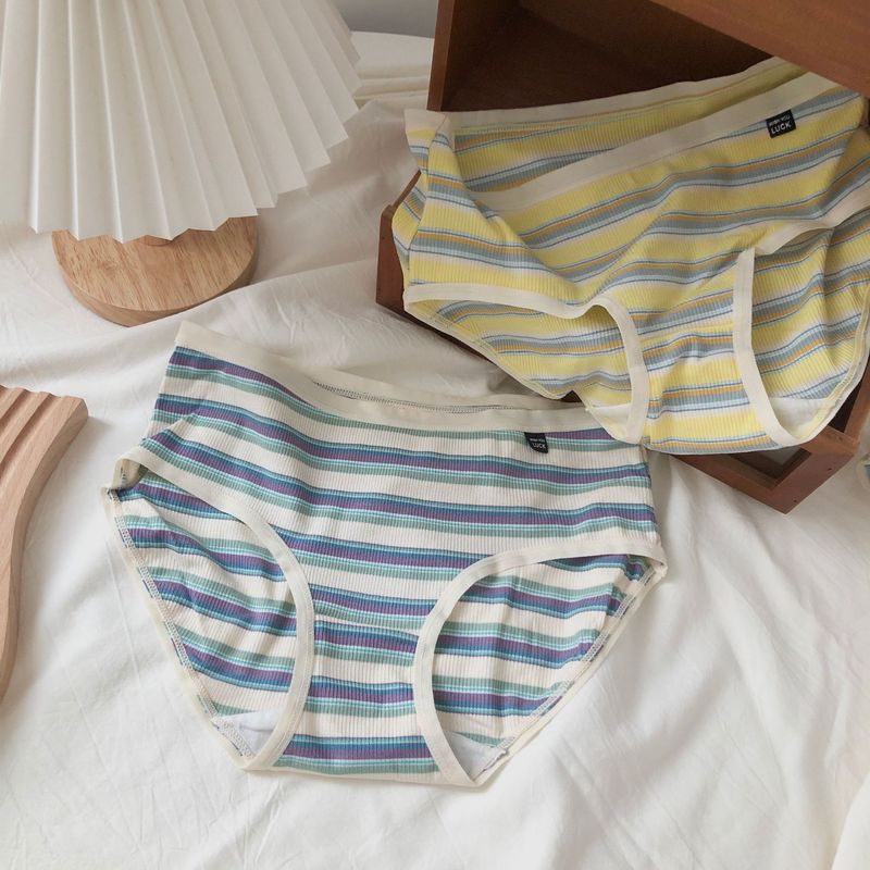 B224 Internet celebrity style no lace green Japanese style simple soft rainbow striped high elastic girl cotton crotch comfortable underwear