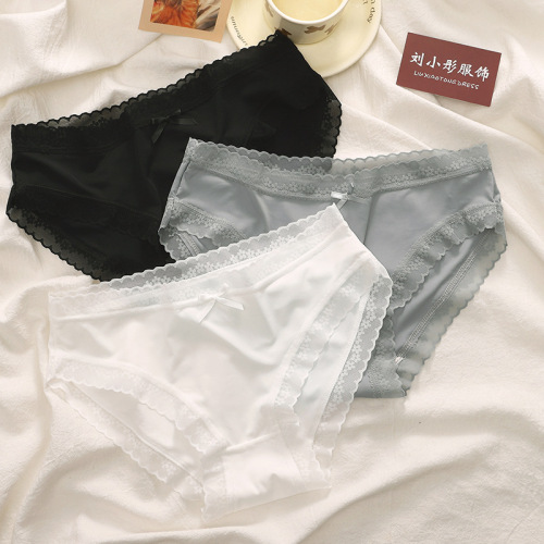 Japanese new style ice silk underwear for women summer thin pure cotton crotch seamless mid-waist lace girls briefs