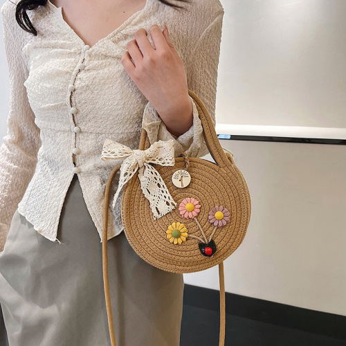 Girls' small round bag, women's shoulder bag, hand-held cotton rope bag, hand bag, hand bag, women's cross-body woven bag