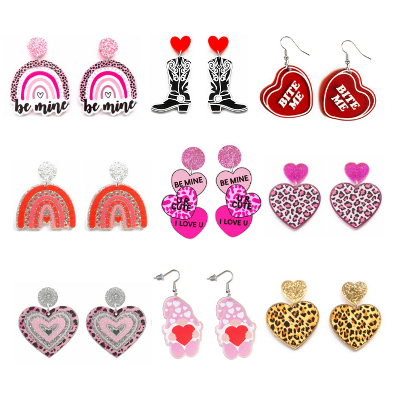 2024 New Valentine's Day Pink Leopard Glitter Love Goblin Boots Rainbow Earrings and Studs