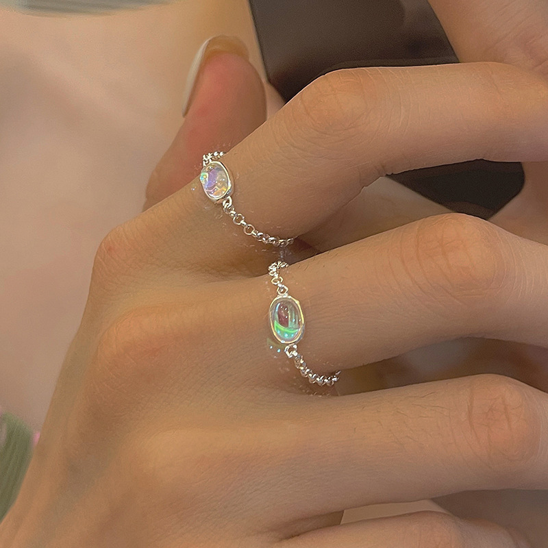 Moonstone niche design ring women's 925 sterling silver ins pull design index finger ring simple fashion light luxury temperament