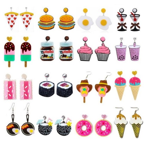 Y2K acrylic pizza ice cream cake milk tea omelette donut peanut butter sushi cookie food earrings