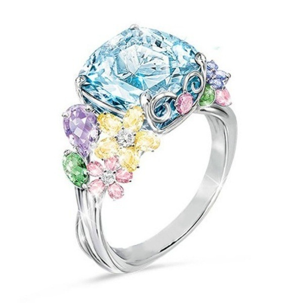Blue Square Diamond Ladies Gemstone Ring European and American Fashion Colorful Gemstone Diamond Engagement Proposal Ring