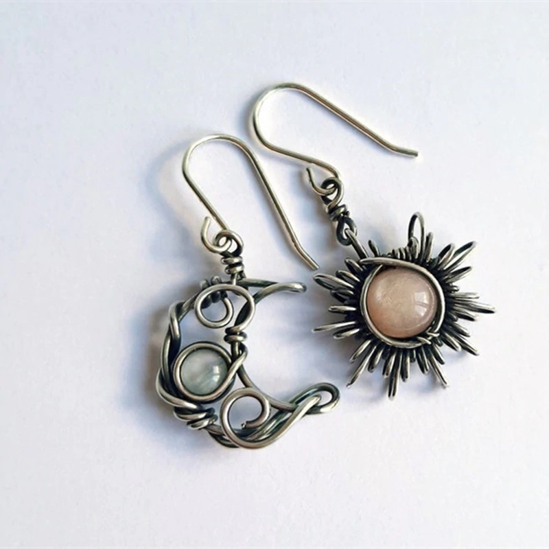 European and American alloy jewelry Bohemian style twist geometric moonstone asymmetric sun and moon earrings