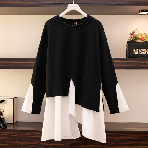 Autumn new large size women's clothing 300 pounds fat mm contrasting color stitching long-sleeved slimming irregular T-shirt 63061