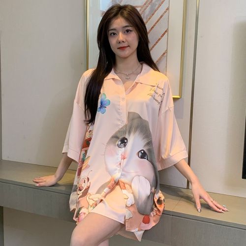  New Summer Ice Silk Pajamas Set Loose Thin Sweet Cartoon Ladies Summer Homewear Set