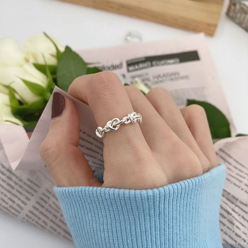 Korean 925 sterling silver love knotted open ring women's ins trend simple cold style light luxury index finger ring jewelry