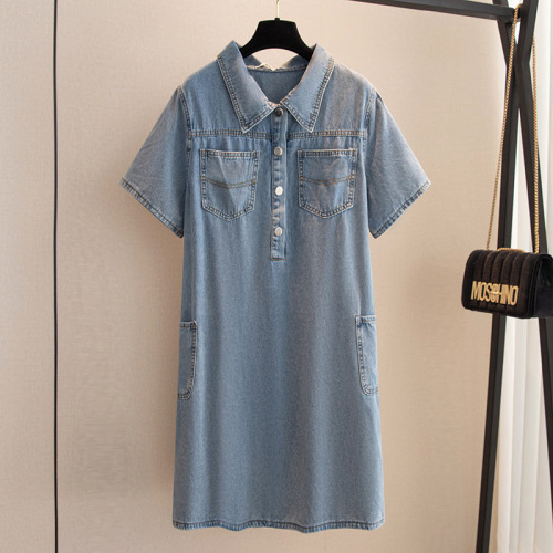 Plus size fashion women's denim dress bust 152 lapel work pocket loose straight fat mm shirt dress