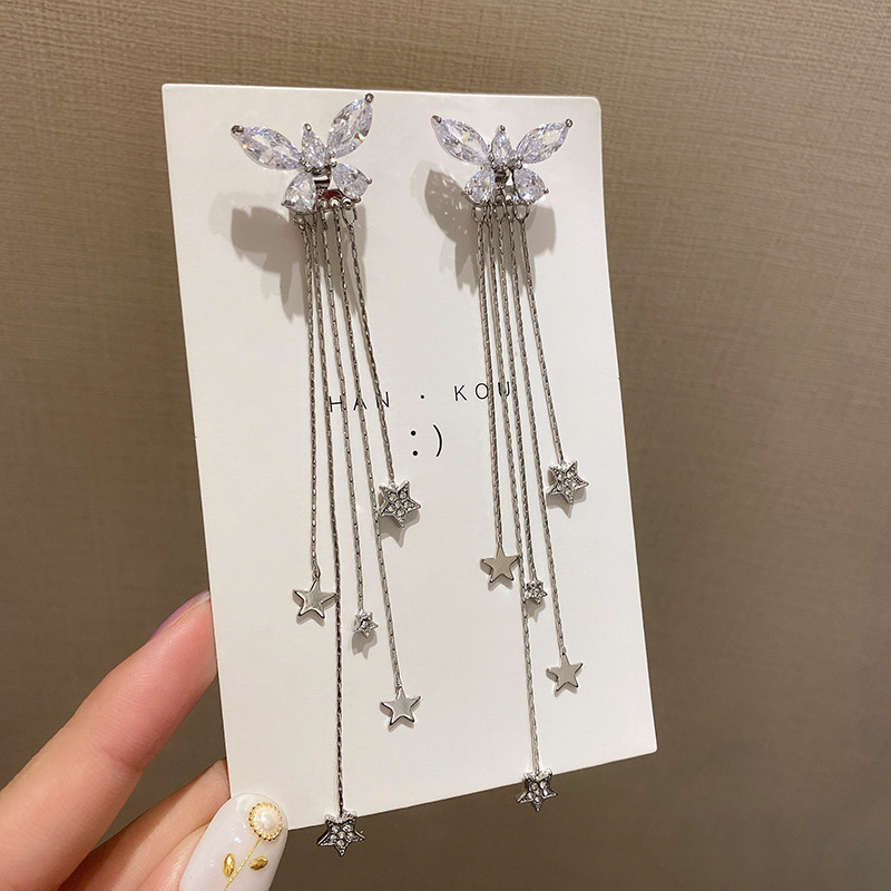 Super Fairy Butterfly Zircon Long Earrings Versatile Fashion Trend Little Fairy Personalized Earrings S925 Silver Needle Earrings