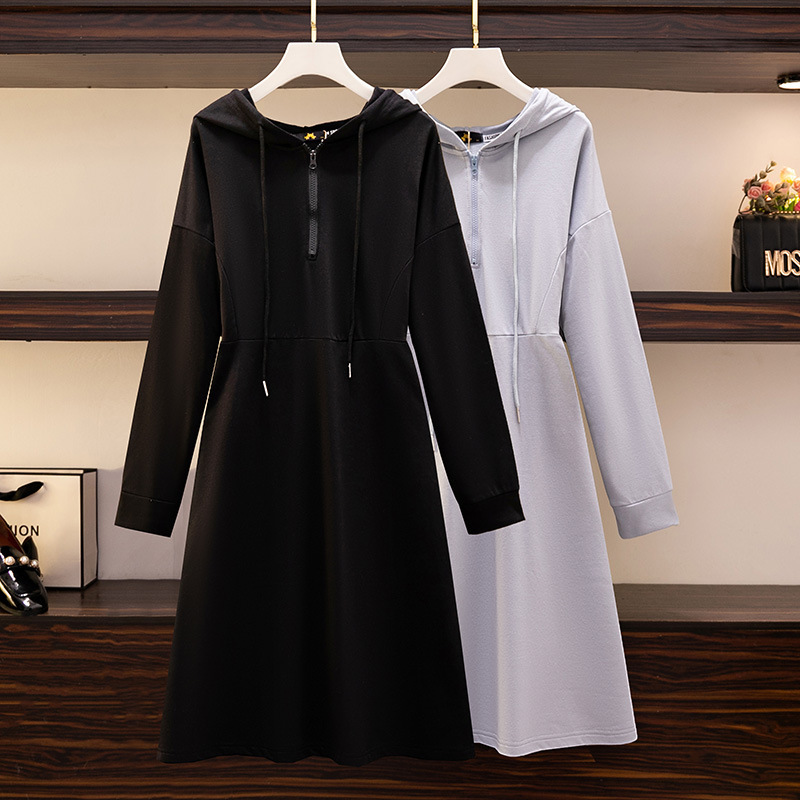 300 pounds fat girl hooded zipper dress plus size women's spring new style covering the flesh and slimming sweatshirt dress 63404