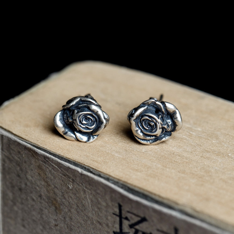 Dark Dream s925 sterling silver death rose distressed earrings personalized trendy ear jewelry origin and supply