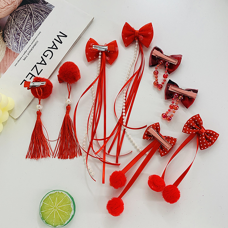 Red New Year children's hairpin Chinese style New Year's greetings accessories tassel hairpin cute big fur ball baby girl headwear