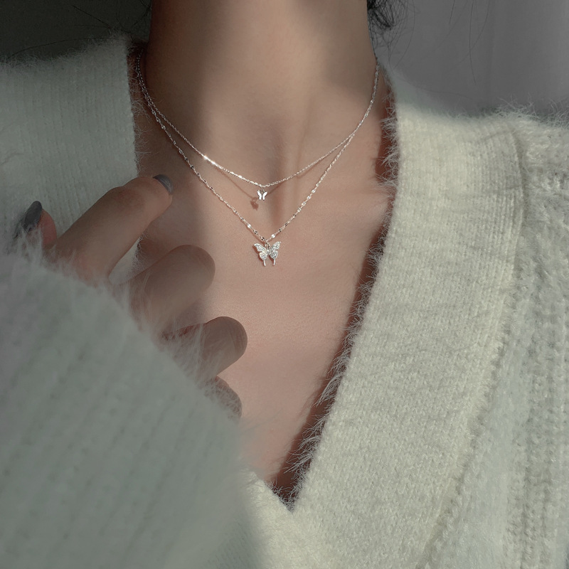 New trendy fairy niche temperament s925 silver butterfly double layer necklace women's simple cold style clavicle chain