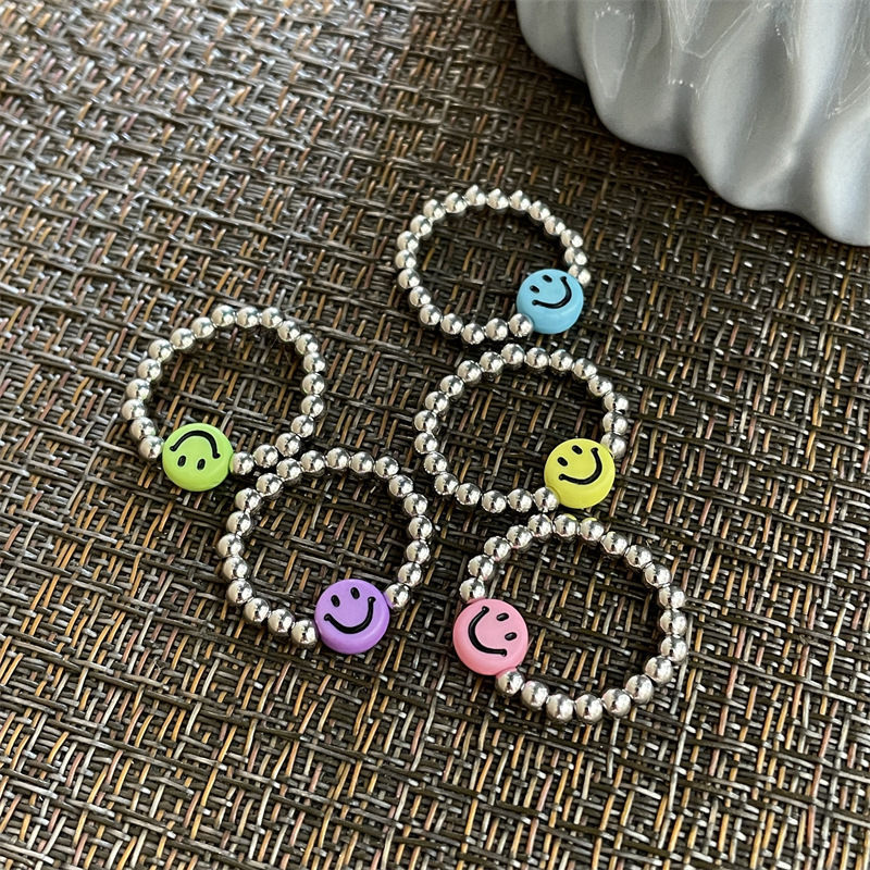 Korean niche design colorful smiley elastic ring for women simple beaded index finger ring adjustable elastic ring