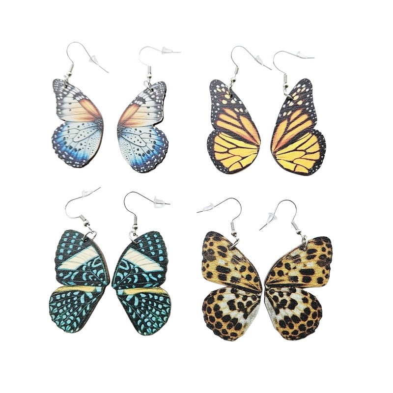 Amazon cross-border jewelry personalized half butterfly wing earrings wooden printed ear hooks popular earrings