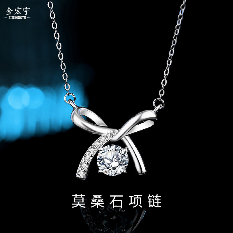 Jin Hongyu bow moissanite necklace women's 1 carat light luxury moissanite pendant summer Korean version ins clavicle chain